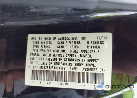 2011 Honda Accord 3.5 Ex-L from USA, damaged, VIN 1HGCS2B83BA004029